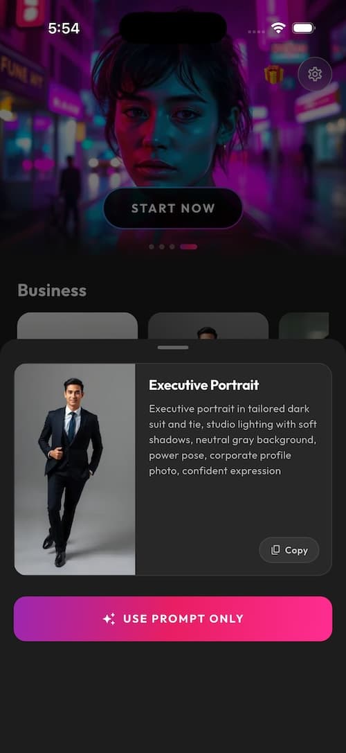 SelfAI app screenshot — AI headshot results